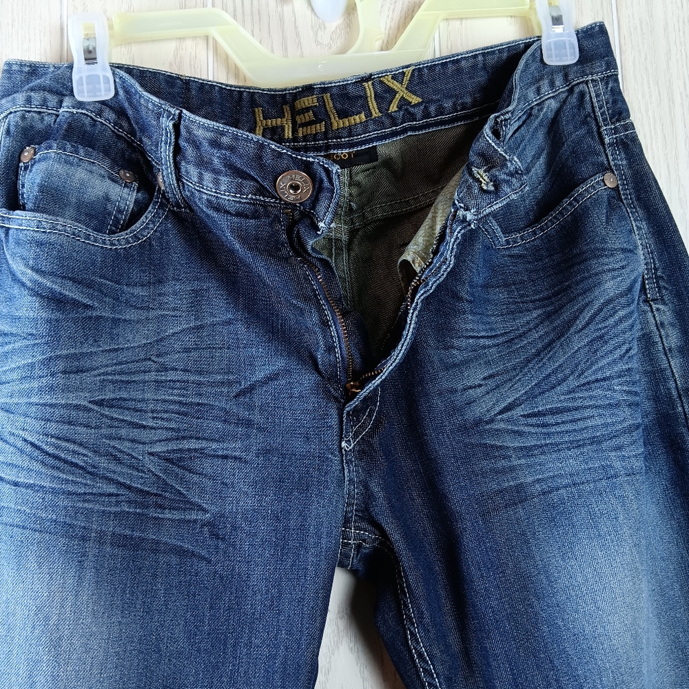 Helix Jeans Mens Size 36x34 Bootcut Blue Denim Whiskered Distressed.  - Picture 6 of 16